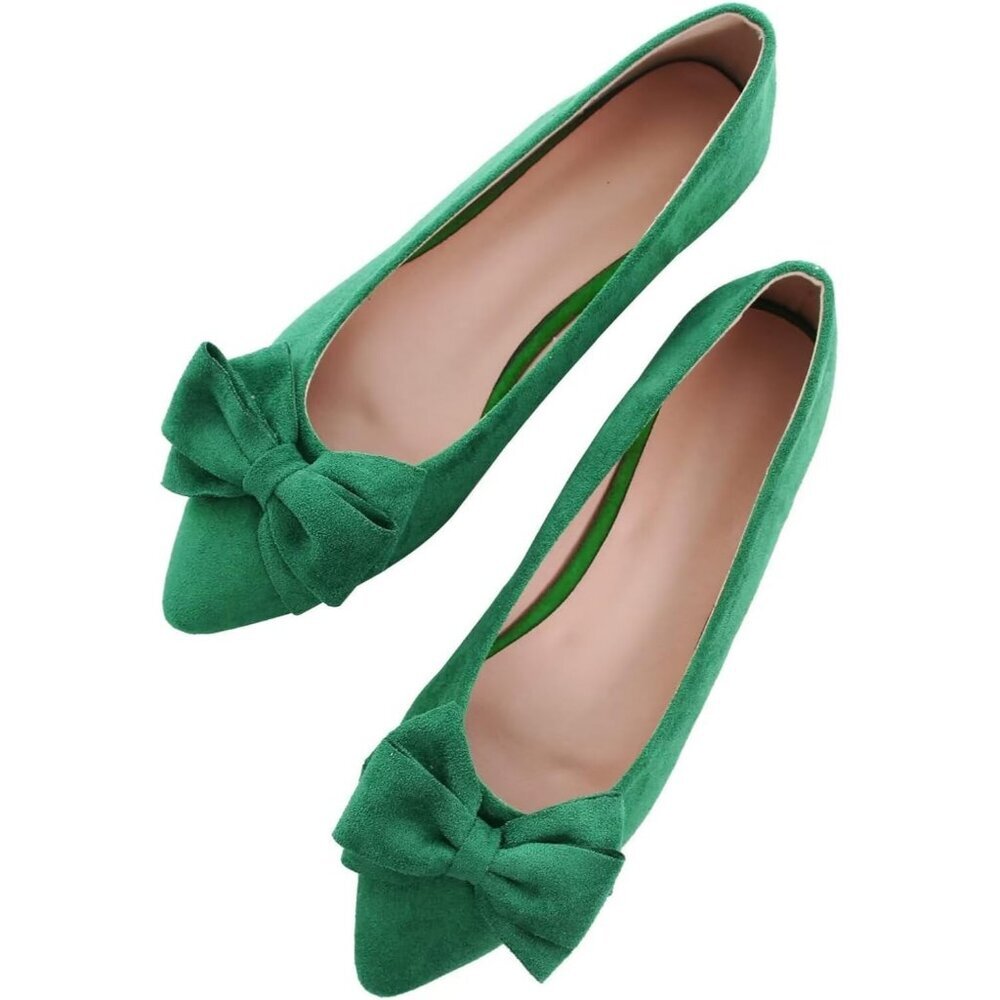 Women's Grass Green Bowknot Ballet Flats Pointy Toe Casual Flat Shoes Suede - Picture 5 of 6